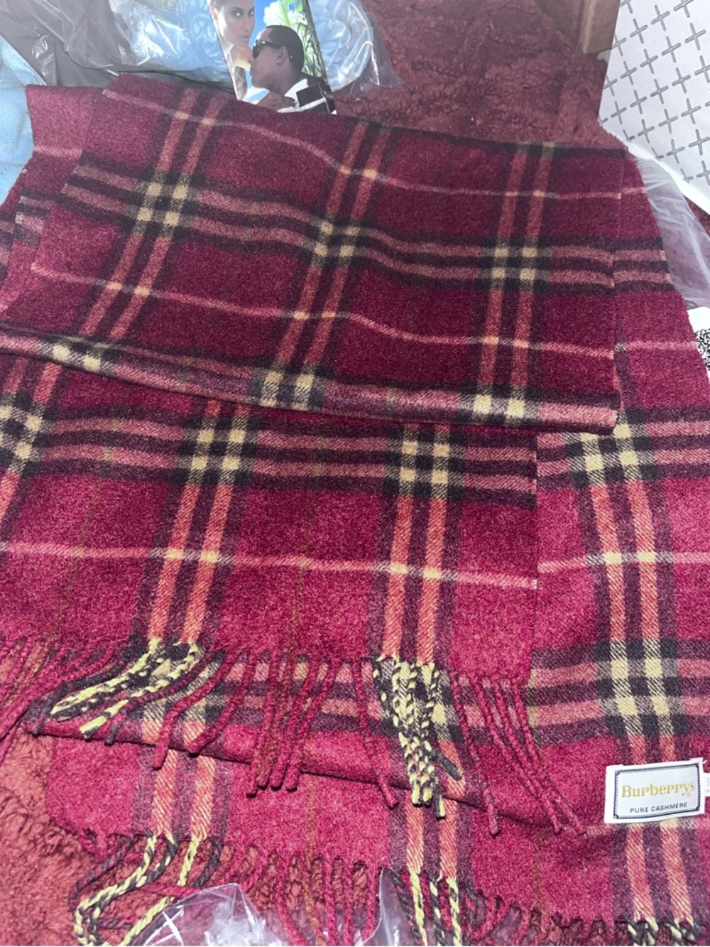 Burberry Pink and Beige Tartan Cashmere Scarf